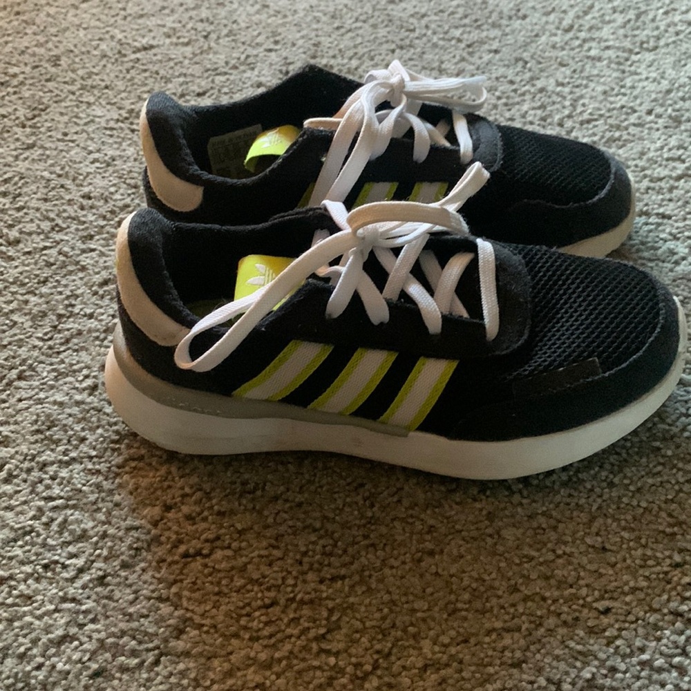 Little boys size 11.5 Adidas sneakers, black and yellow/green